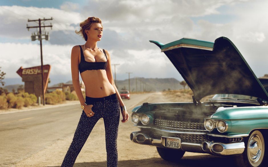 Retro car and girls