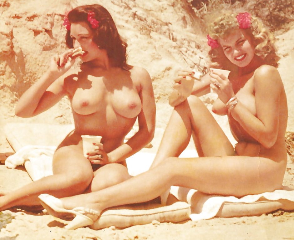 Naked women on the beach retro