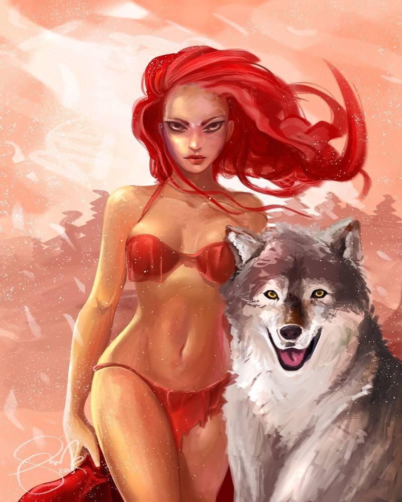 Red -haired girl and wolf