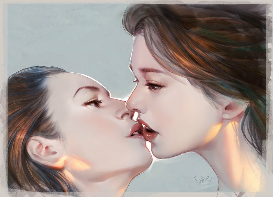 Two brunettes kiss