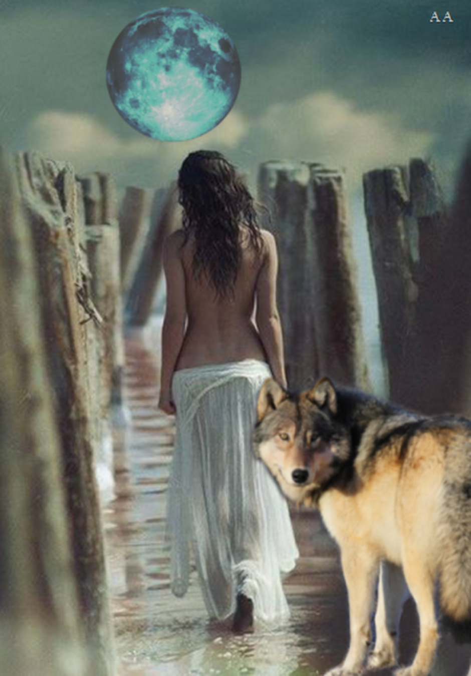Girl Moon and Wolf
