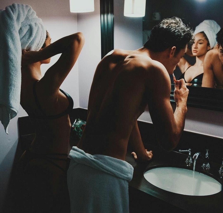 Erotic selfies pairs in the mirror