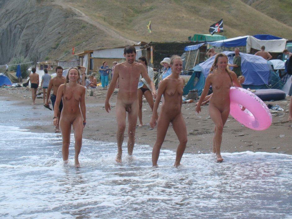 Nudists sunbathe in the Crimea