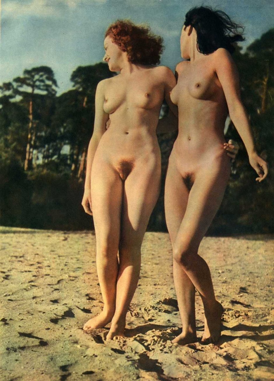 Naked women on the beach retro