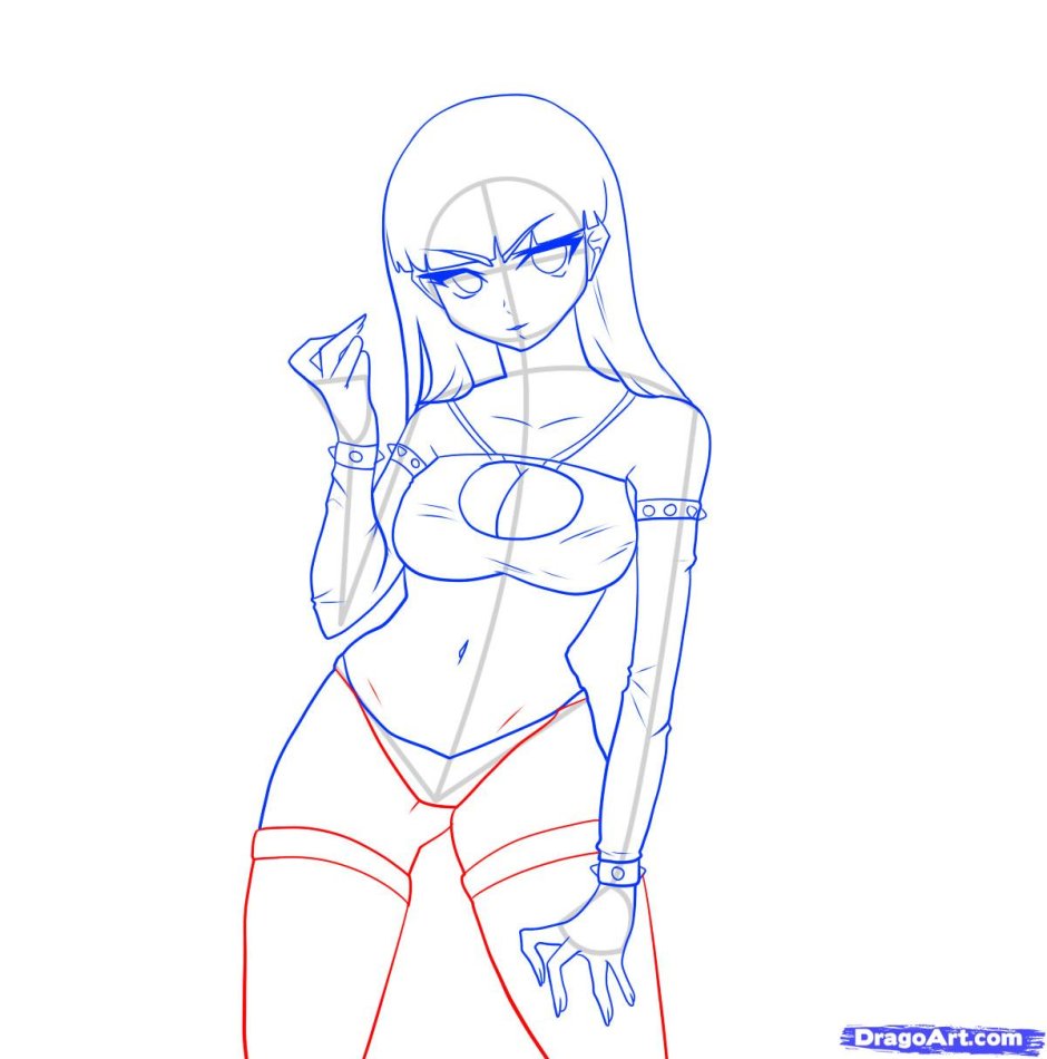 Phased drawing of a girl in a bikin