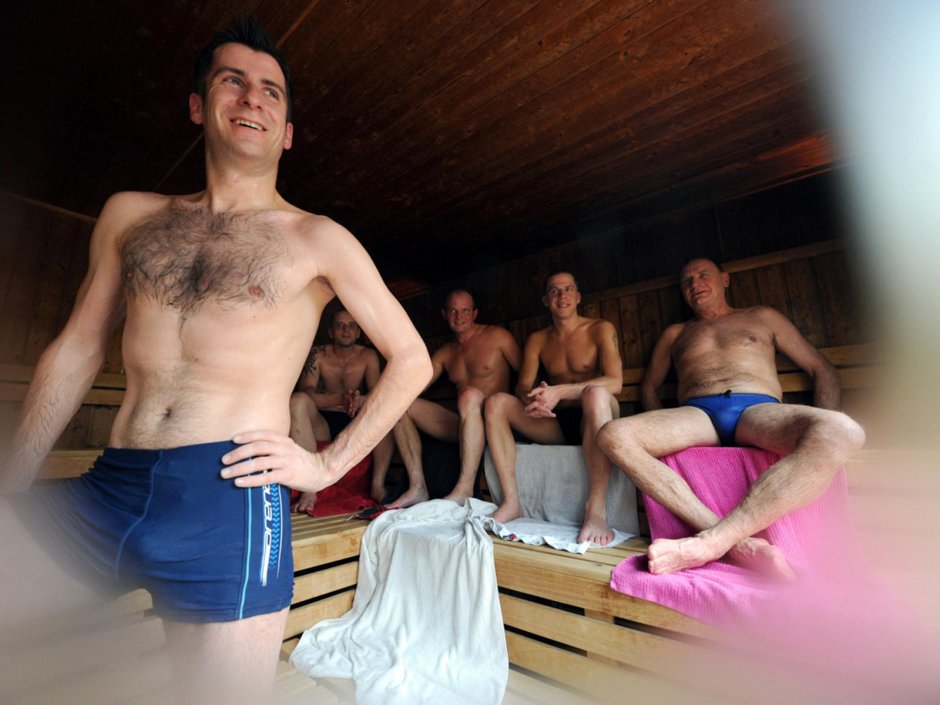 Boys sit in the sauna