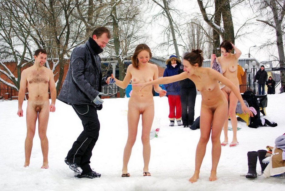 Naked women in an ice hole without panties