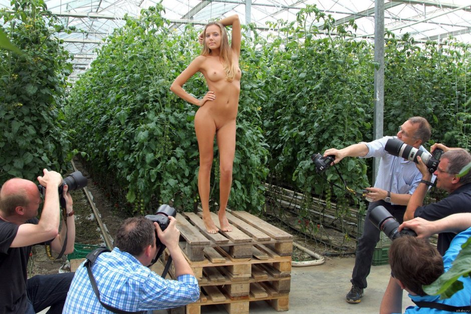 Naked woman among dressed