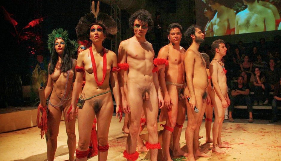 Naked and funny nudist in the theater