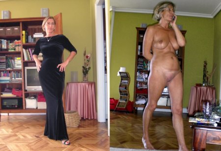 Dressed and naked elderly women