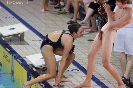 Nude man in a public pool