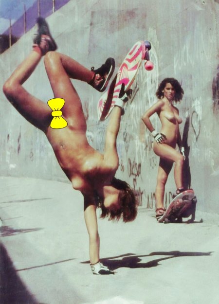 Naked girls on a skateboard