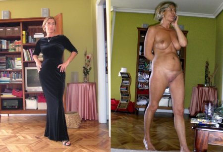 Dressed and naked elderly women