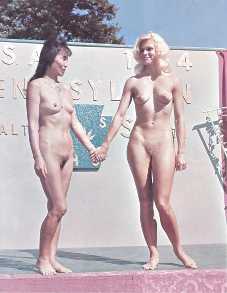 Naked young people on the beach retro