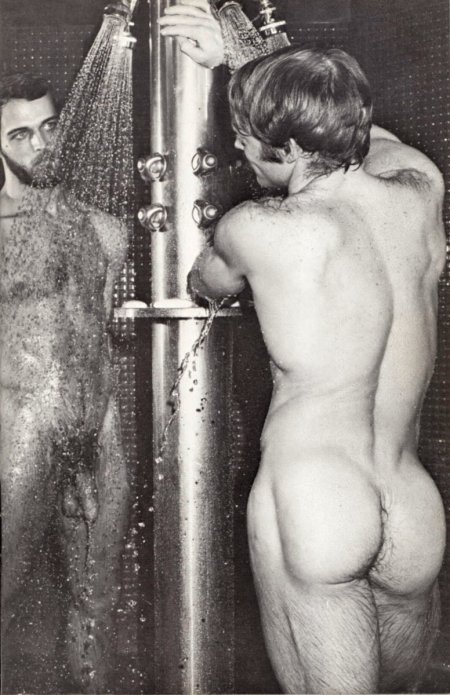 Naked guys in a retro shower