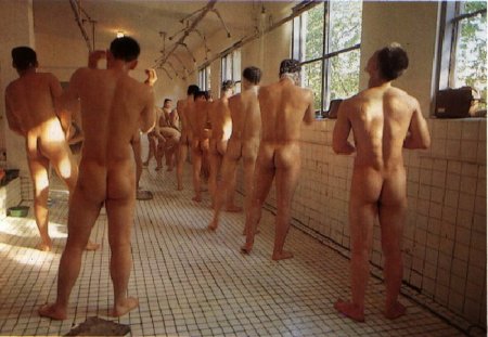 Naked men in a public bath