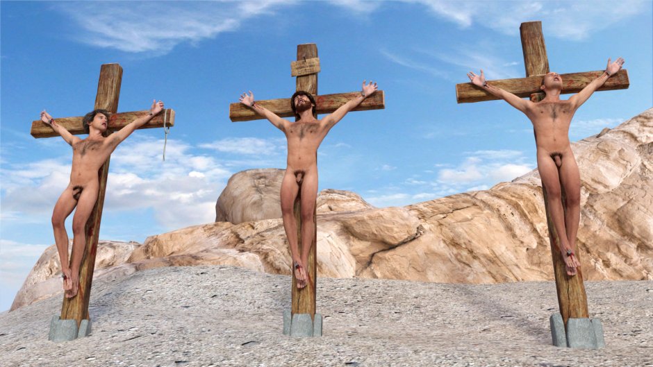 Naked woman crucified on the cross