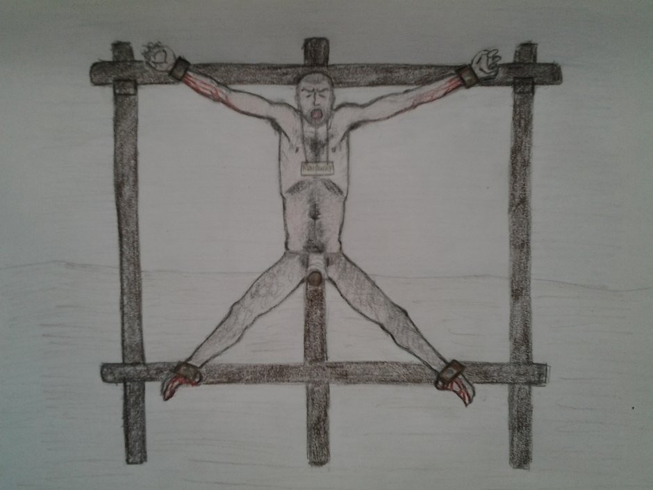 Naked crucified on the table