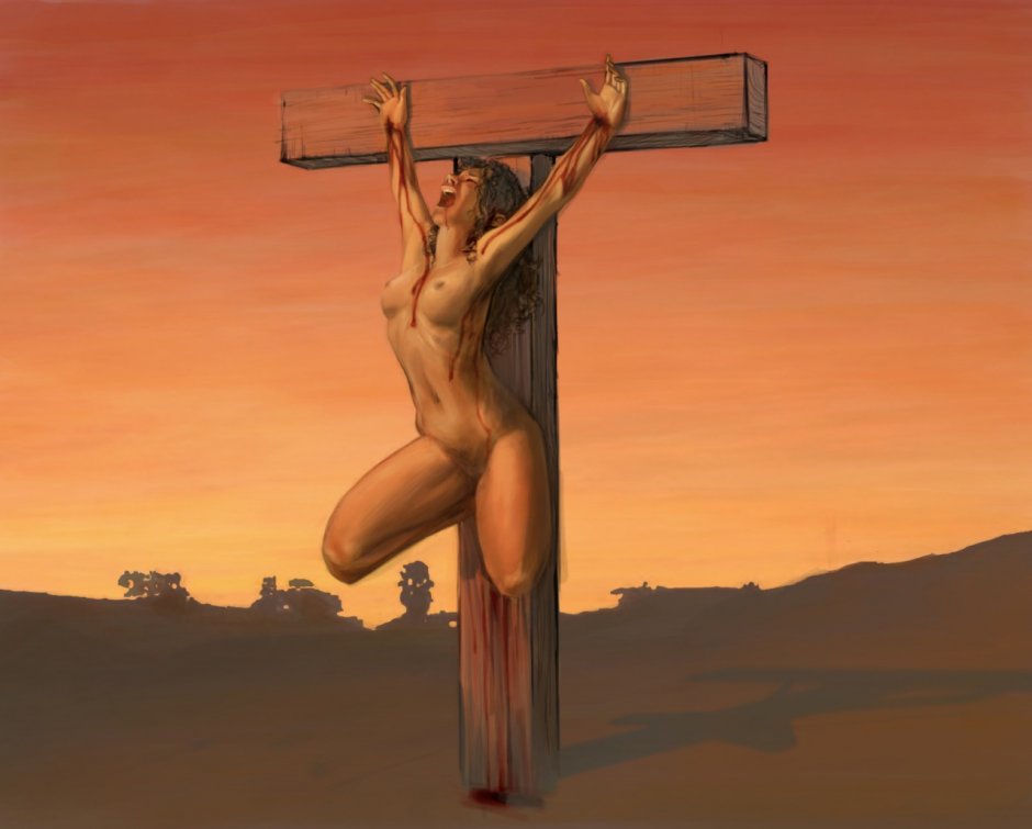 Naked woman crucified on the cross