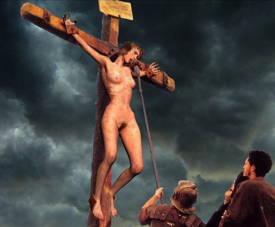 Naked woman crucified on the cross