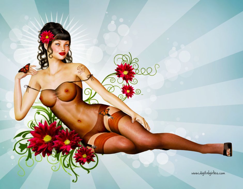 On a white background Pin Up in stockings naked