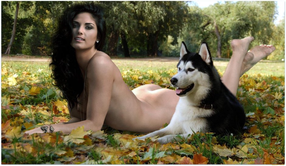 Photo shoot nude with a dog in nature