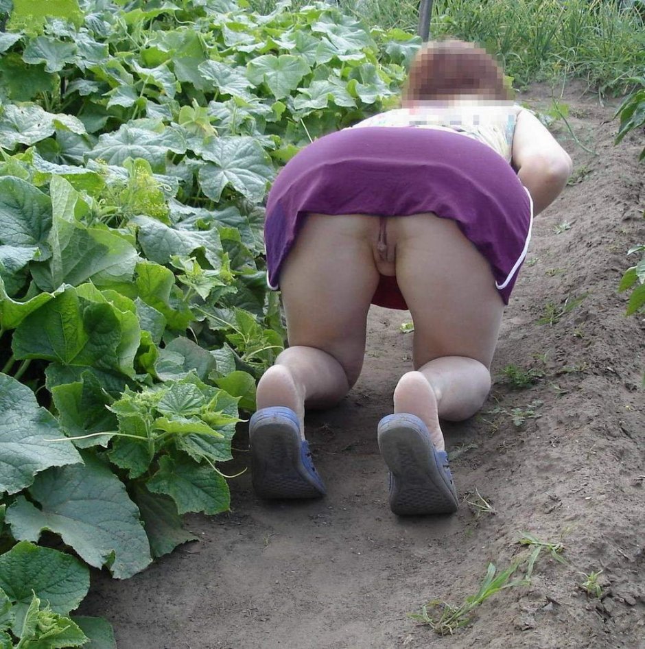 Зрелая соседка в огороде без трусов
