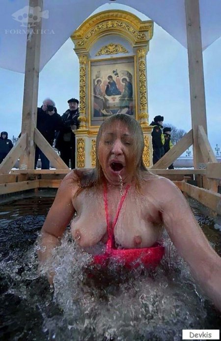 Naked women in a baptismal font