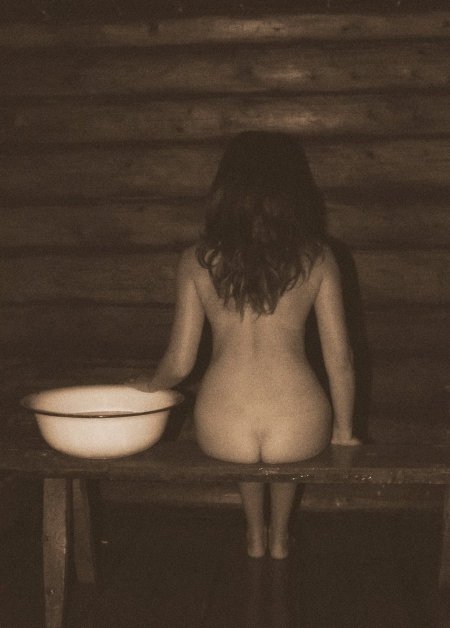 Naked girls in a village bathhouse