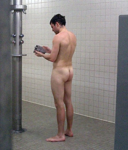 Handjob of guys in a public shower