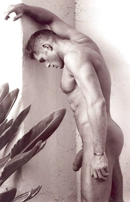 Naked guys in a retro shower