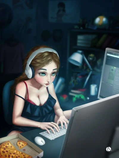 Девушка за компом в трусах