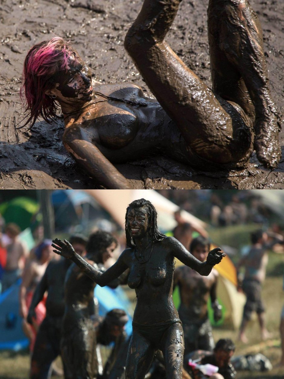 Девушка купается в грязи