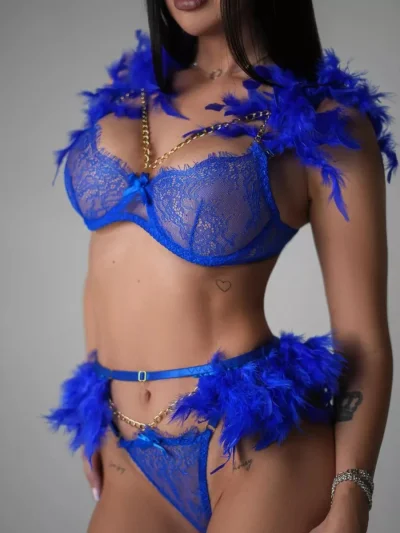 Комплект белья с перьями кружевной прозрачный в