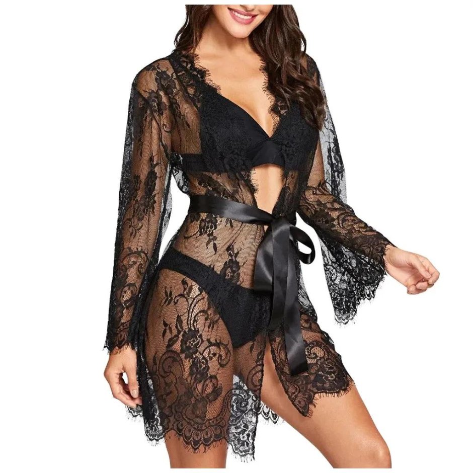 Пеньюар женский кружевной прозрачный черный
