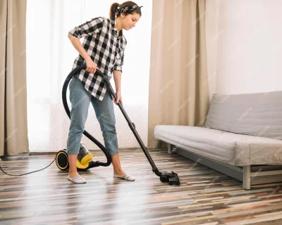 Девушка пылесосит