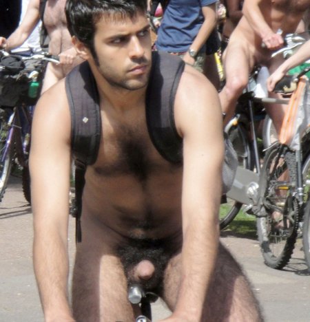 Naked man on a bicycle