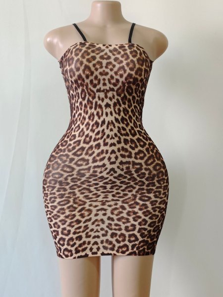 Women Sexy Leopard Print Sheer Micro Mini Dress