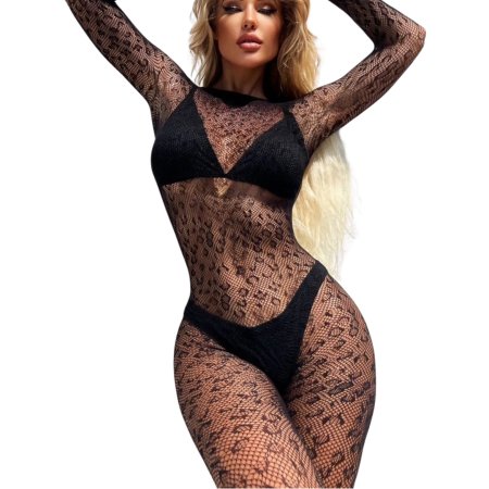 Women's Mesh Lingerie Long Sleeve Leopard Bodysuit