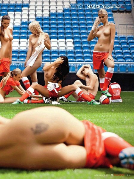 Naked football fans on the stadium