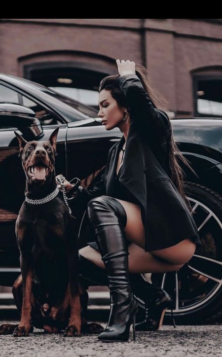 Model Jovana Ventura with Doberman