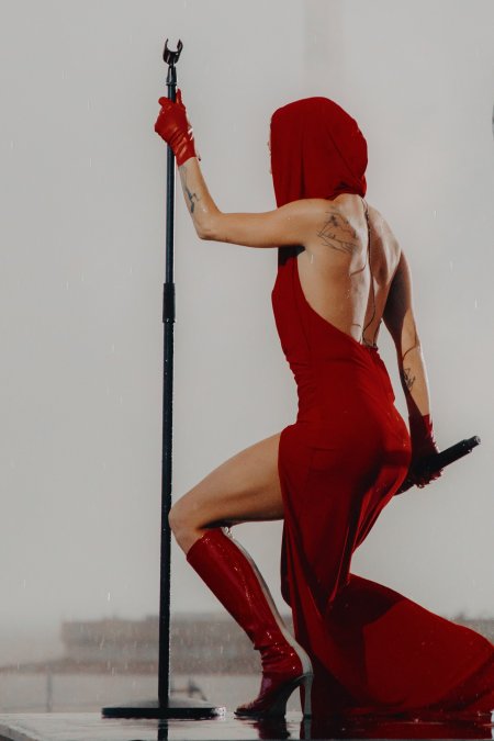 In a red dress